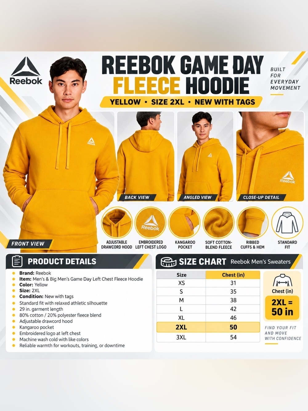 REEBOX MEN’S GAME DAY FLEECE HOODIE - YELLOW SIZE 2XL (NEW WITH TAGS) A27